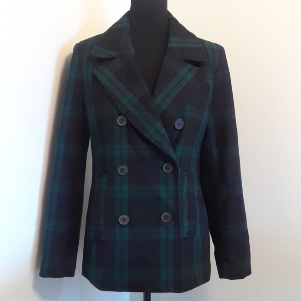 Old Navy Green & Black Plaid Pea Coat